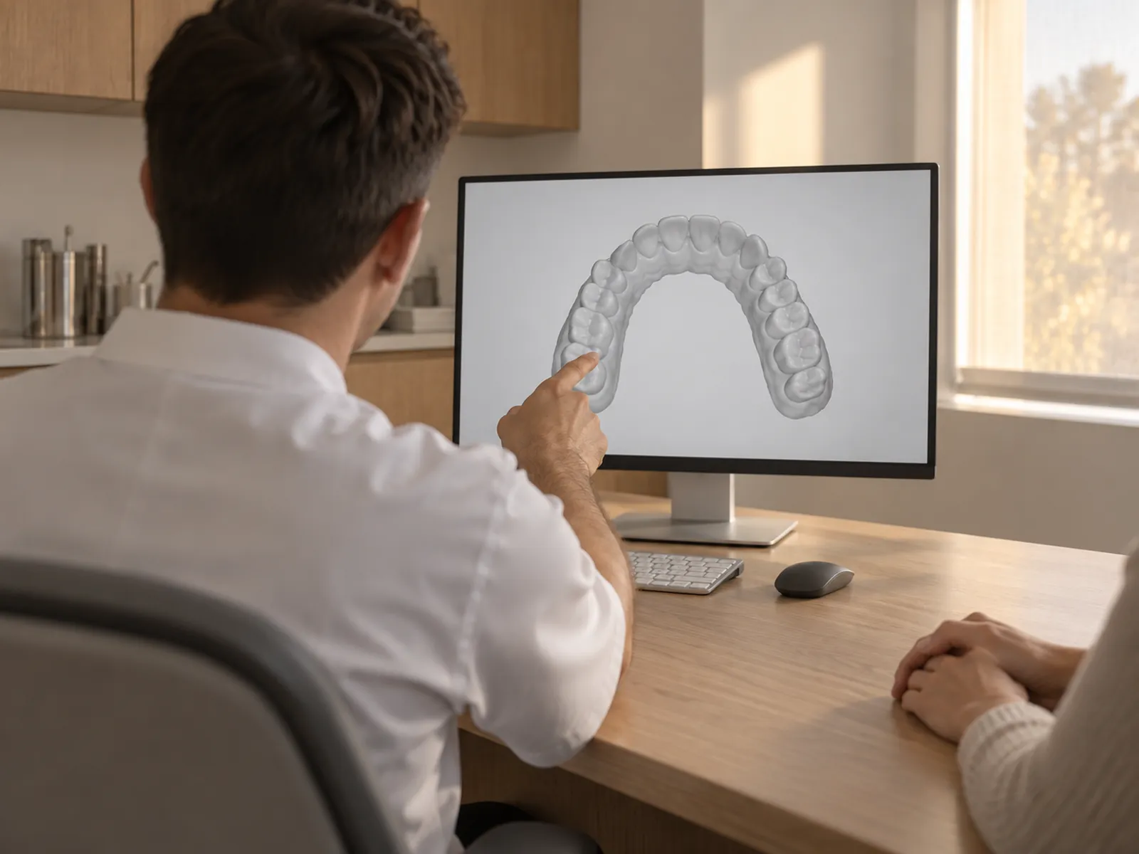 A dentist showing a patient a digital scan of their teeth on screen