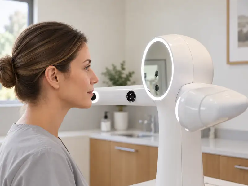 A patient seated at the RayFace facial scanner at New'Gen Dental, Seymour